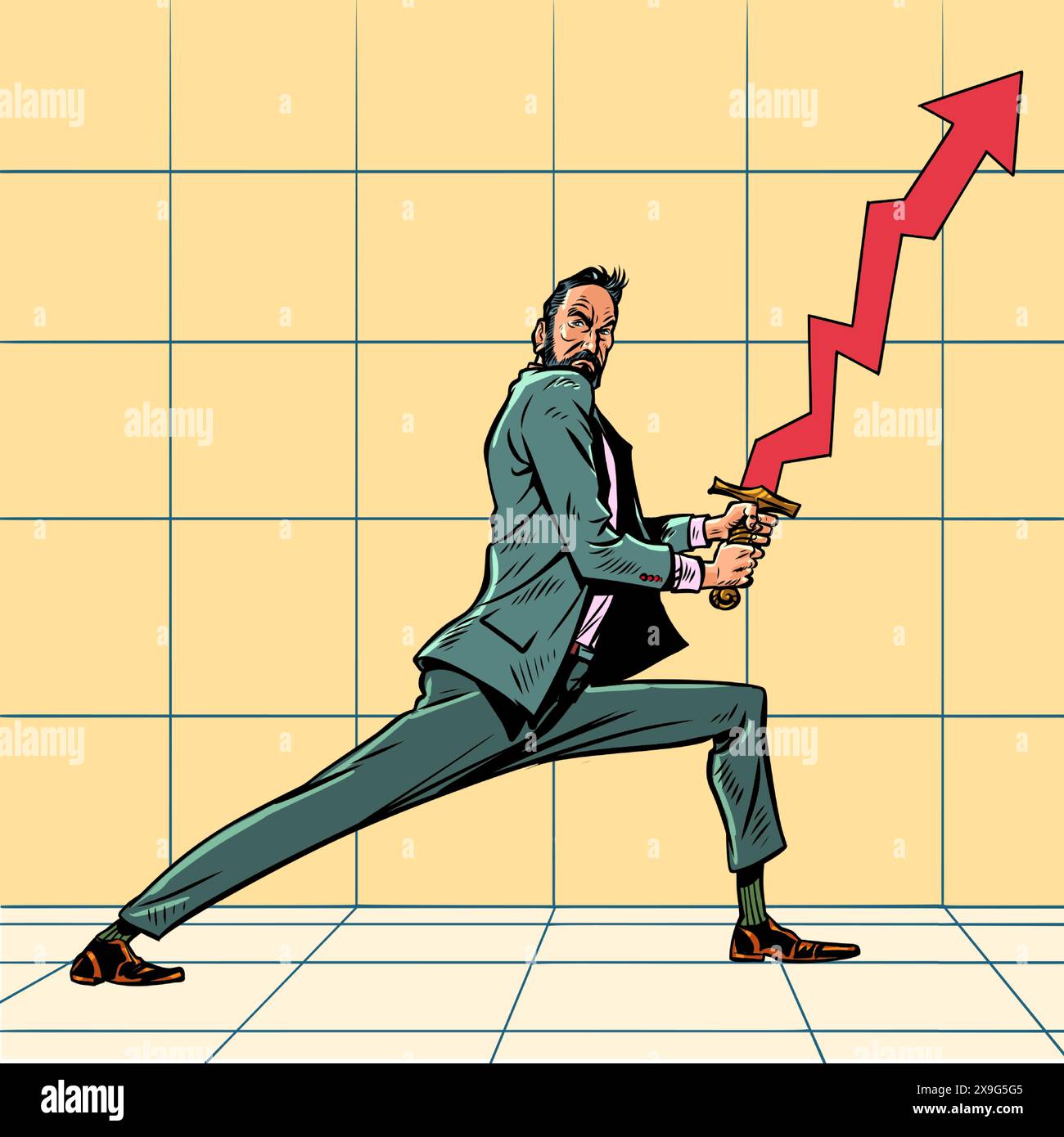 Ein Mann im Anzug hält ein Schwert mit einem Pfeil nach oben. Höhere Investitionen und höhere Unternehmensgewinne. Ein Geschäftsmann. Pop Art Retro Vektor Illustrati Stock Vektor