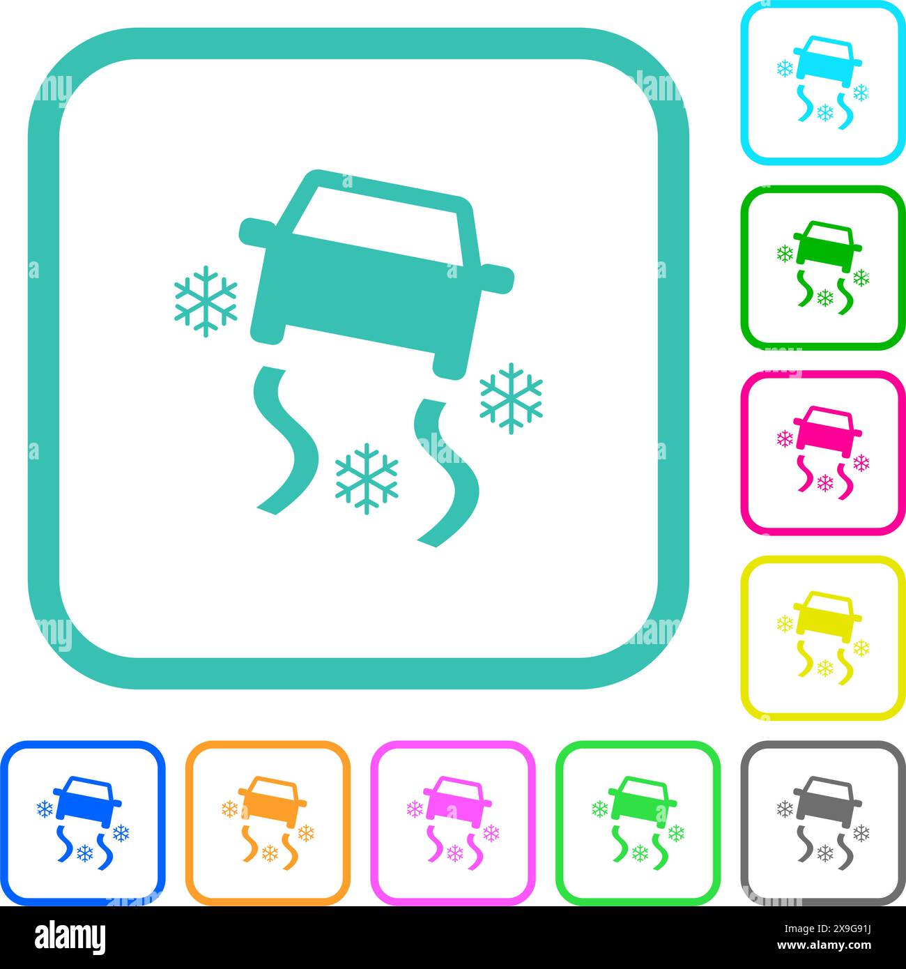 Schneebedeckte Straße lebendige, flache Symbole in leuchtenden Farben in geschwungenen Rändern auf weißem Hintergrund Stock Vektor