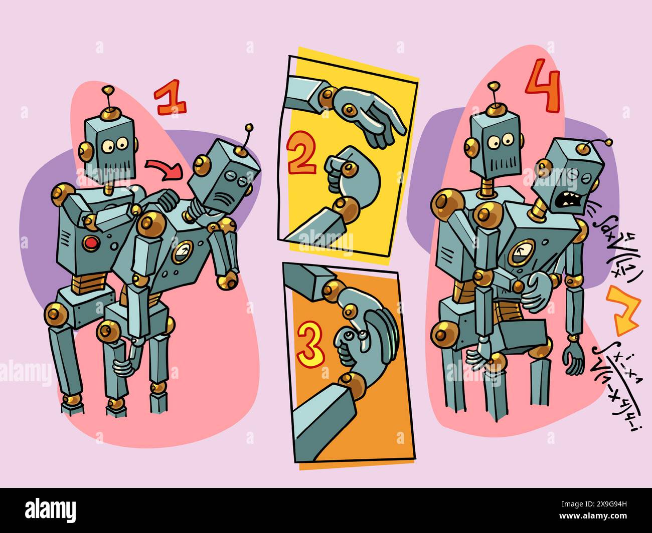 Futuristische Anweisungen für die Zukunft. Roboter helfen einander und reparieren Kollegen. Das Problem liegt in Formeln und Zahlen. Comic-Comic-Pop Stock Vektor Futuristische Anweisungen für die Zukunft. Roboter helfen einander und reparieren Kollegen. Das Problem liegt in Formeln und Zahlen. Comic-Comic-Pop Stock Vektor