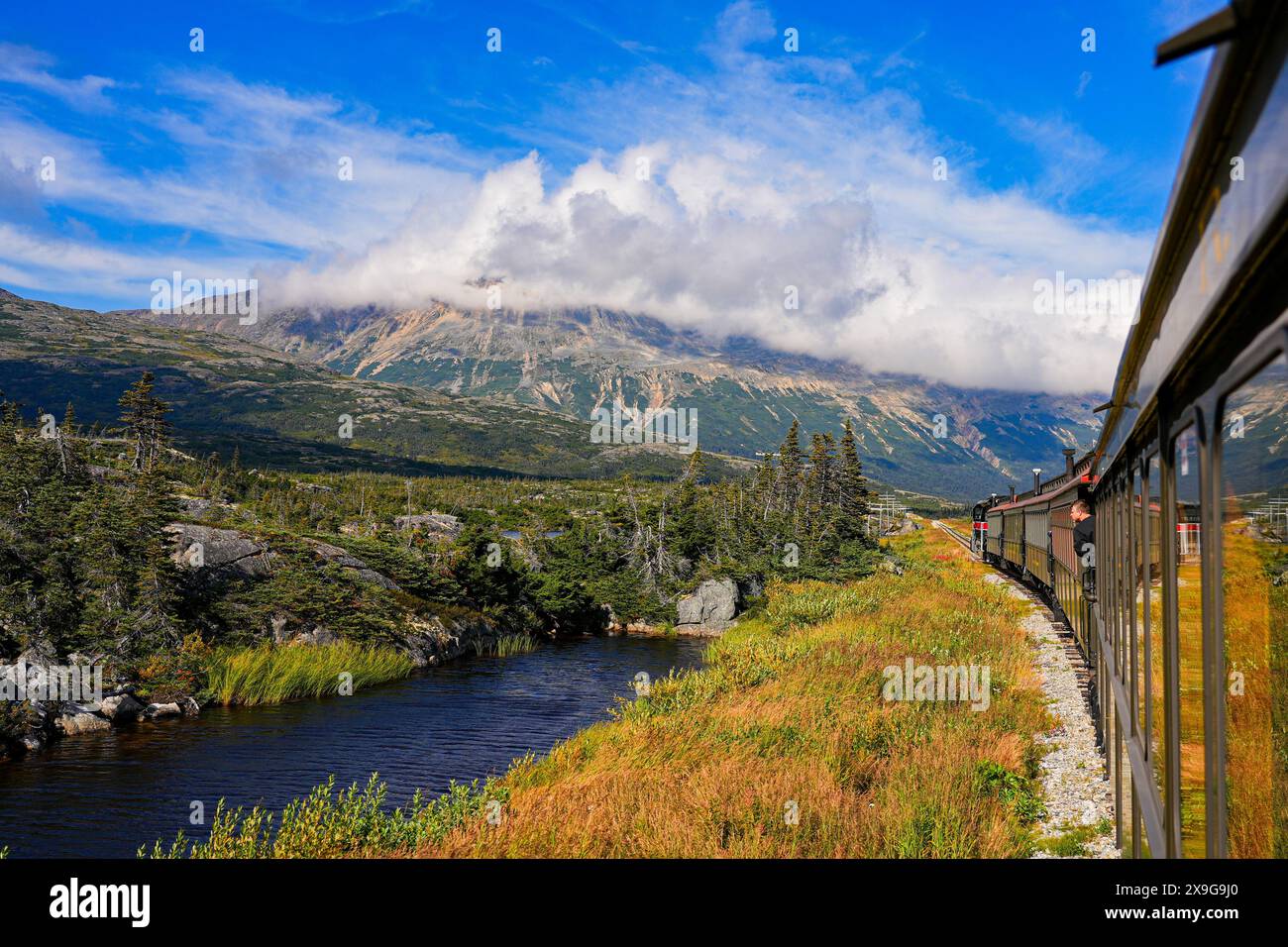 Kanadische Berge der Chilkoot Trail National Historic Site, von der White Pass und Yukon Route Railway aus gesehen Stockfoto