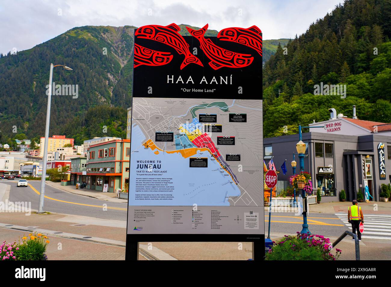 Informationstafel an der Promenade von Juneau, Alaska, USA Stockfoto