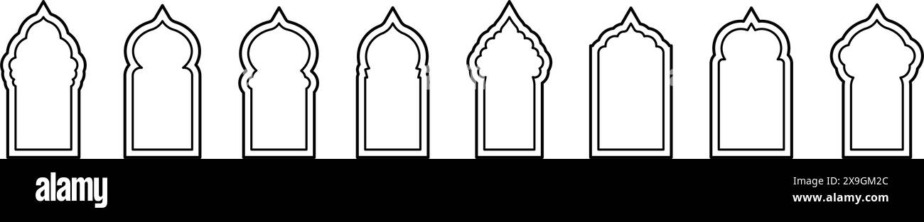 Islamische Bogenform mit kompliziertem Ramadan-Muster. Arabisch inspiriertes Rahmendesign für Moscheetüren und -Fenster. Illustration des flachen Vektors isoliert auf weiß Stock Vektor