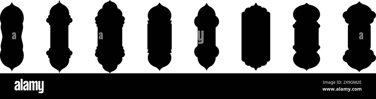 Islamische Bogenform mit kompliziertem Ramadan-Muster. Arabisch inspiriertes Rahmendesign für Moscheetüren und -Fenster. Illustration des flachen Vektors isoliert auf weiß Stock Vektor