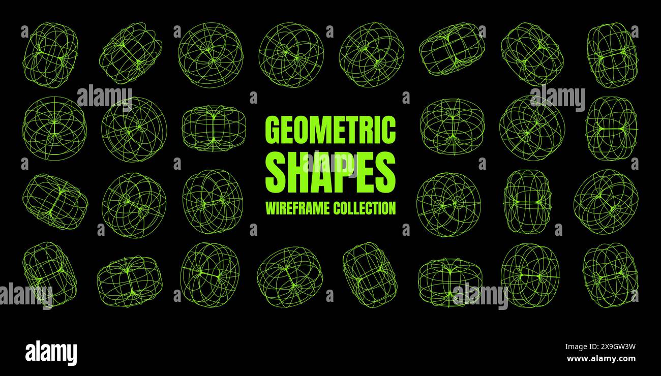 Mit Drahtdarstellung versehene Formen. Perspektivisches Netz, 3D-Raster. Geometrische Elemente mit niedrigem Poly. Futuristische Retro-Designelemente im y2k-, Vaporwave- und Synthwave-Stil Stock Vektor
