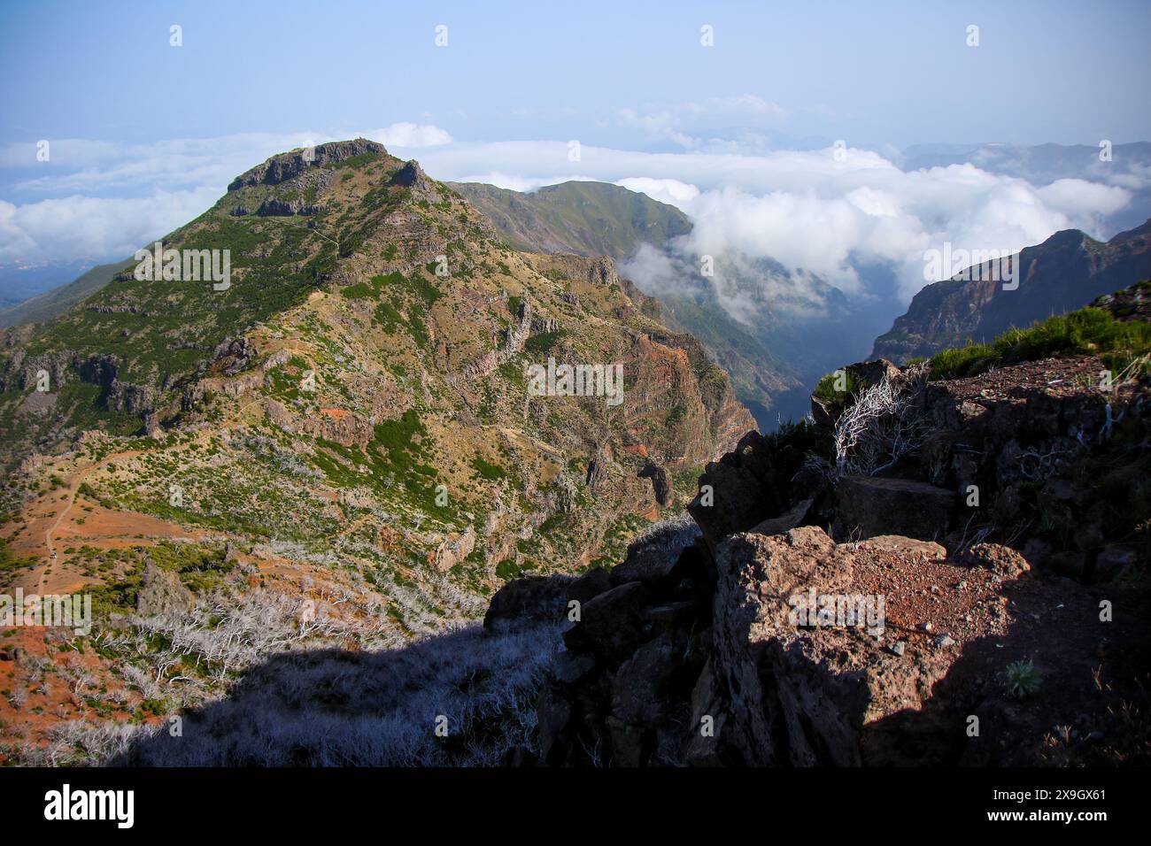 Berglandschaft in der Nähe des Pico Ruivo, des höchsten Berggipfels auf Madeira, Portugal - Heide an trockenen Hängen im Atlantik Stockfoto