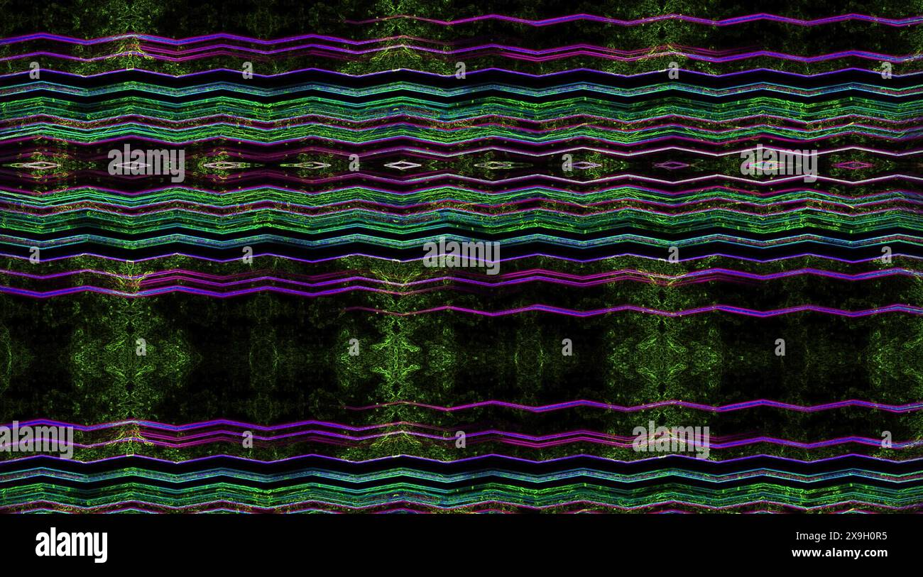 Abstrakte digitale Kunst mit wellenförmigen Linien in Lila und Grün vor schwarzem Hintergrund mit symmetrischen Mustern Stockfoto