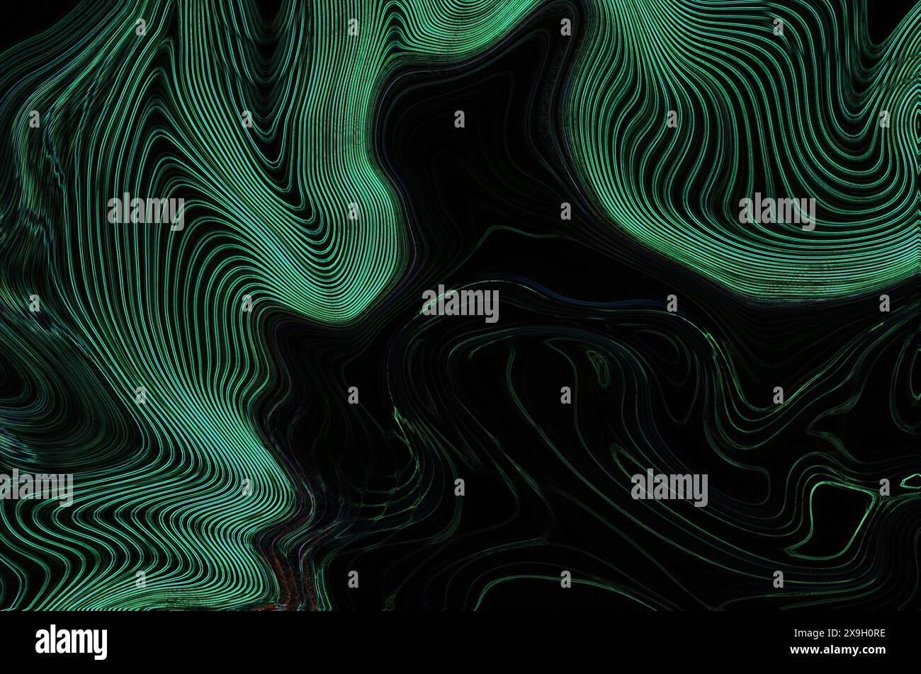 Abstrakte digitale Kunst mit Wellen aus grünen und schwarzen Wirbeln, die eine geheimnisvolle und fließende Atmosphäre schaffen Stockfoto