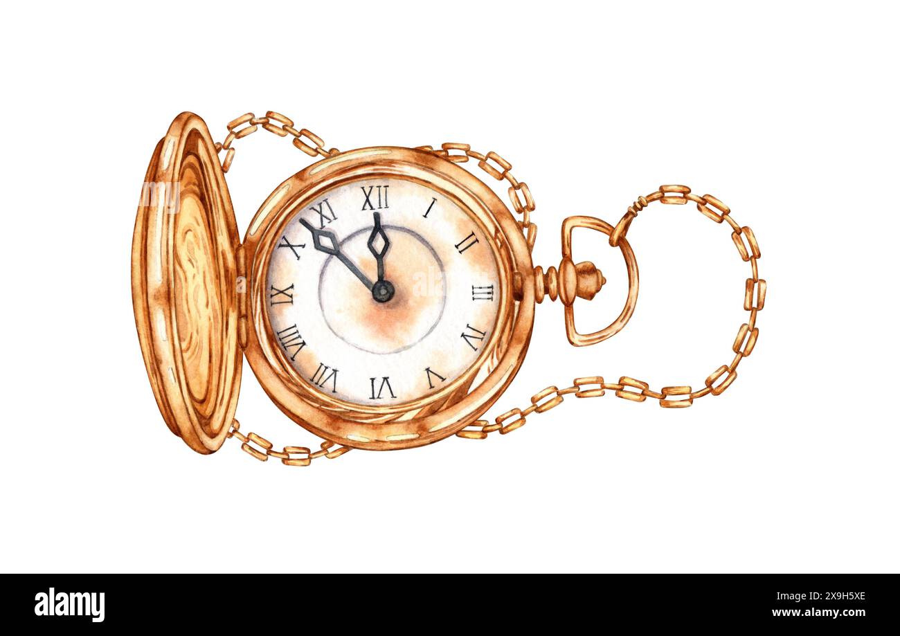 Goldene Taschenuhr mit offenem Deckel und eleganter Kette in Aquarellfarben. Vintage-Stil mit römischen Ziffern auf dem Zifferblatt. Isoliert vom Hinterwäldler Stockfoto