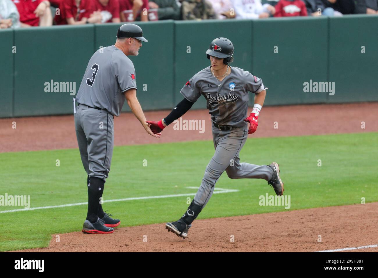 31. Mai 2024: Ben Palmer #11 aus Südost-Missouri wird von Andy Sawyers #3 begrüßt, als er nach einem Homerun Dritter wird. Ben Arkansas besiegte den Southeast Missouri State 17-9 in Fayetteville. Richey Miller/CSM Stockfoto