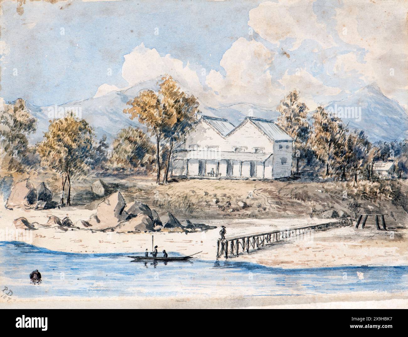 Aquarell des Townsville Hospital auf Ross Island, Queensland, Australien im Jahr 1875. Es wird angenommen, dass der Künstler Percy Dodgson (1838–1886) war, ein Cousin des Autors Lewis Carroll. Stockfoto