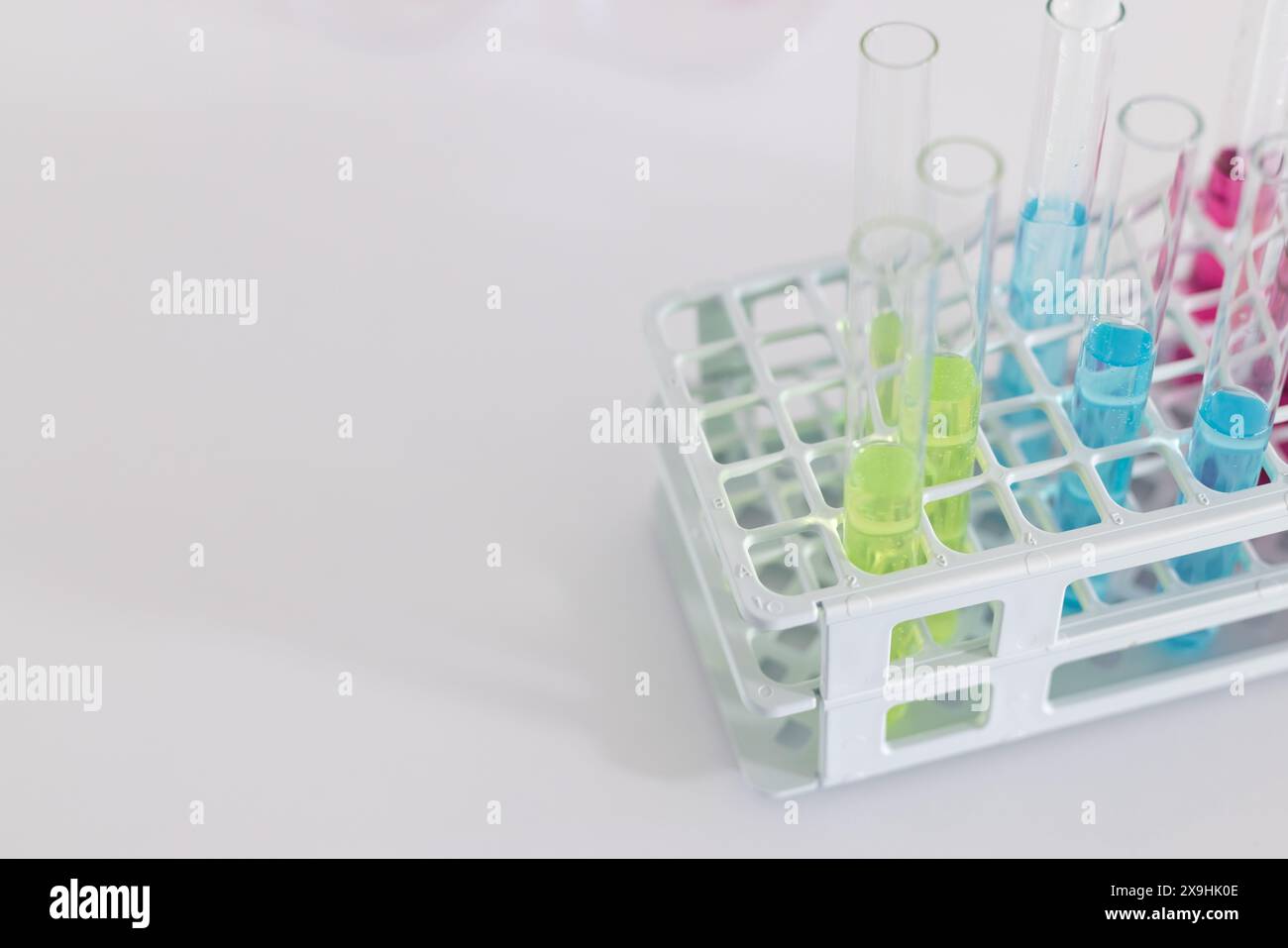 Reagenzgläser mit bunten Flüssigkeiten in einem Laborgestell mit Kopierraum. Diese Röhrchen weisen auf ein wissenschaftliches Experiment oder eine laufende Forschung in einem Labor hin. Stockfoto