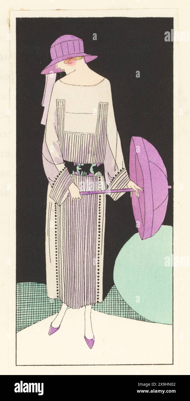 Französischer Flapper im Kleid des Modehauses Premet. Kleid aus malvenfarbenem Seidenmusselin mit grauem Schleier, gesticktem schwarzen Satingürtel, malvenfarbenem Cloche-Hut und Sonnenschirm. Lithographie nach einer Illustration von Miss Colette, Miss J. Dory, Miss Mariotton aus Art, Gicht, Beaute, herausgegeben von der Modezeitschrift AGB, Lyon, 1922. Stockfoto