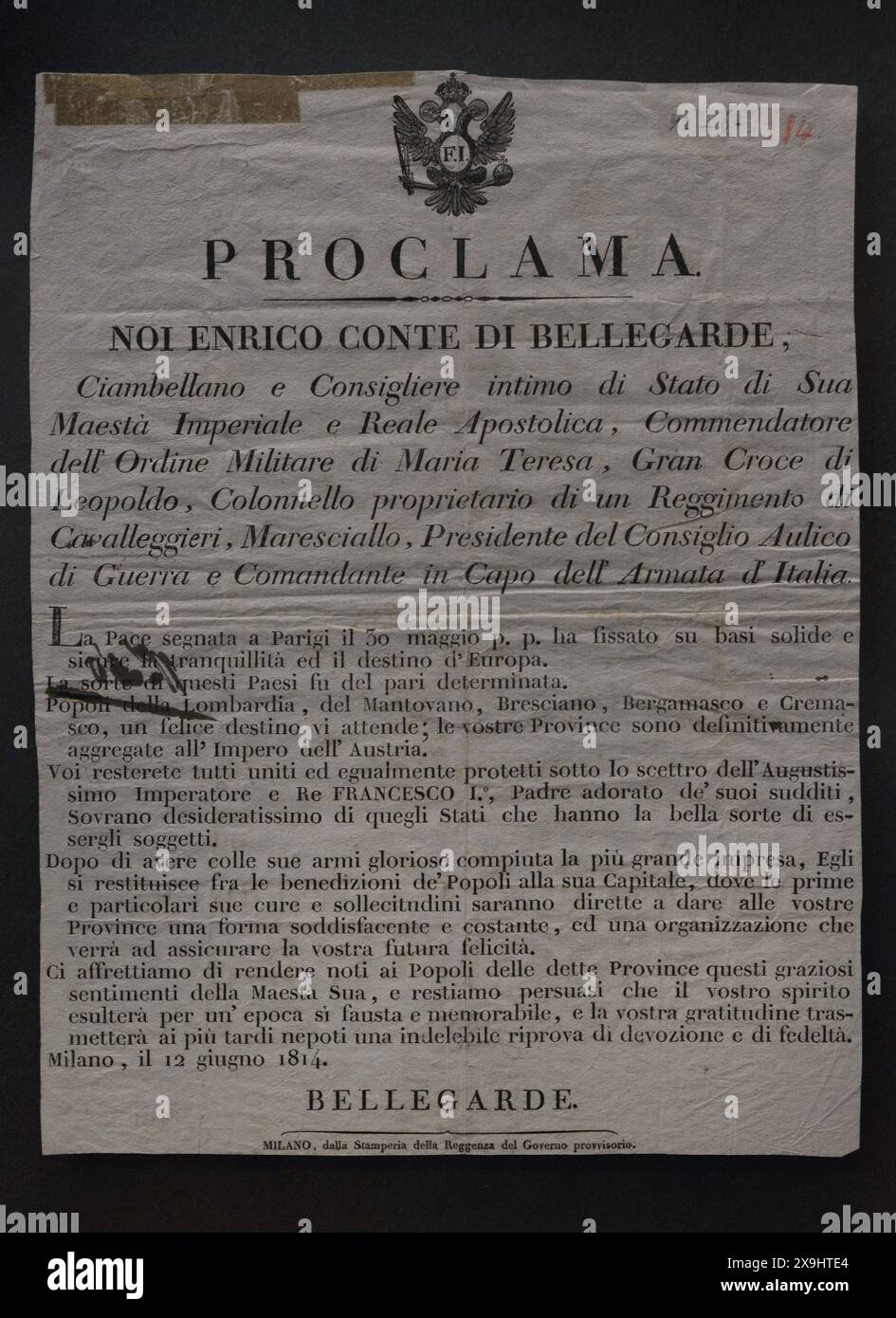 Proklamation der Annexion der Lombardei an Österreich durch Marschall Enrico Bellegarde (1756-1845). Mailand, 12. Juni 1814. Gedruckt von der Regentschaft der Provisorischen Regierung. Poster auf Papier gedruckt. Museum des Risorgimento. Mailand. Italien. Stockfoto