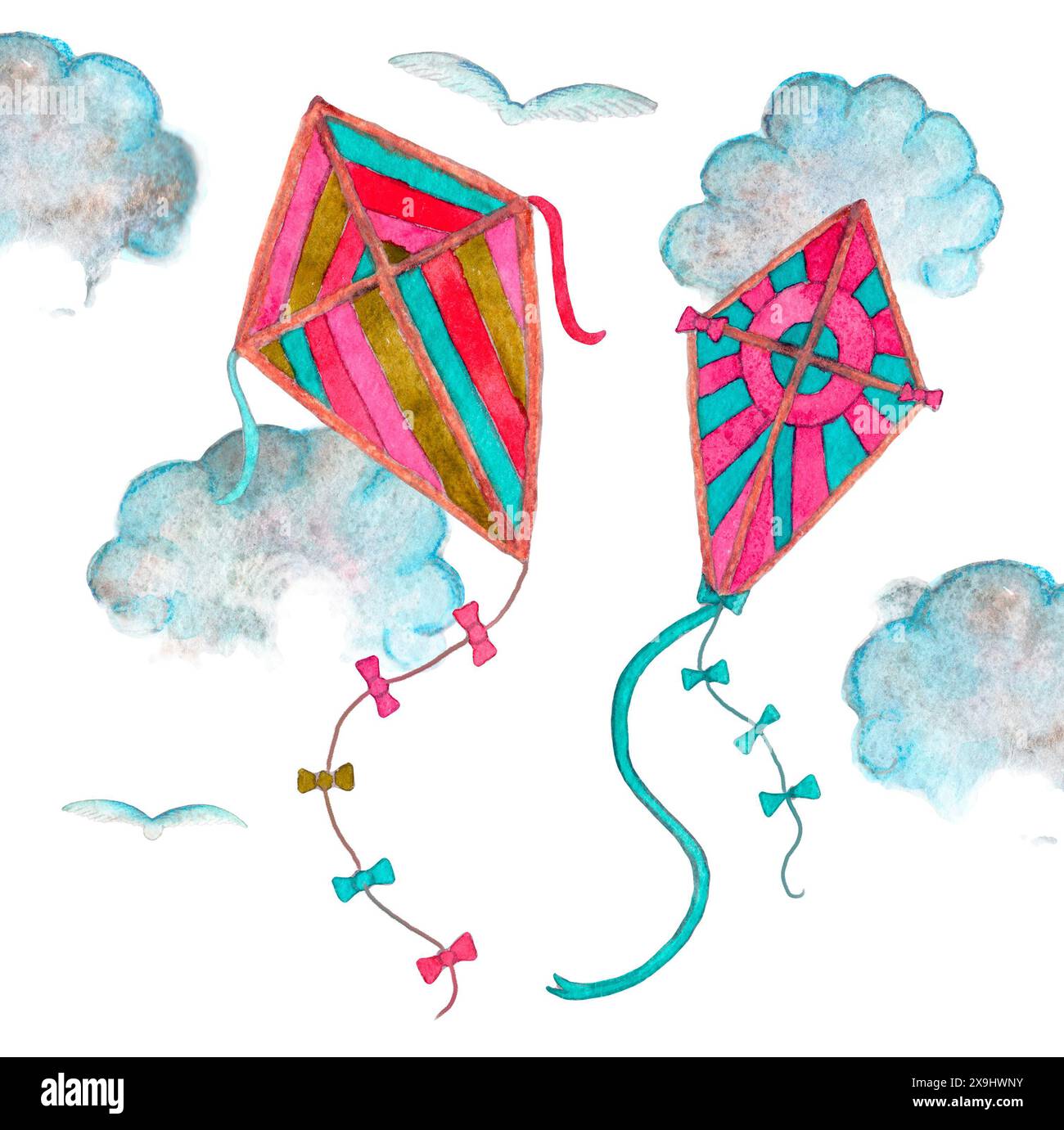 Zwei farbenfrohe Drachen schweben anmutig in den Himmel, während sie von flauschigen Wolken und Vögeln begleitet werden, um eine malerische Szene von Gelassenheit und Schönheit zu schaffen Stockfoto