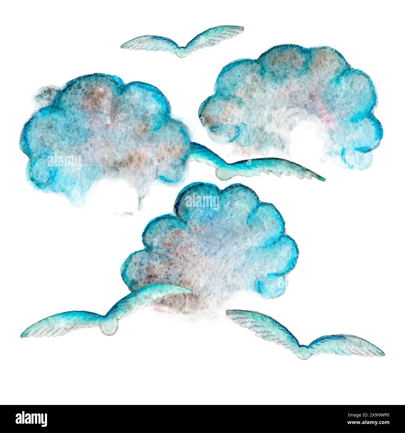 Das Gemälde zeigt blaue Wolken und Vögel, die über den Himmel fliegen, und zeigt Kunstfertigkeit und Kreativität. Schlüsselwörter sind Aqua, Electric Blue, Muster und mehr Stockfoto