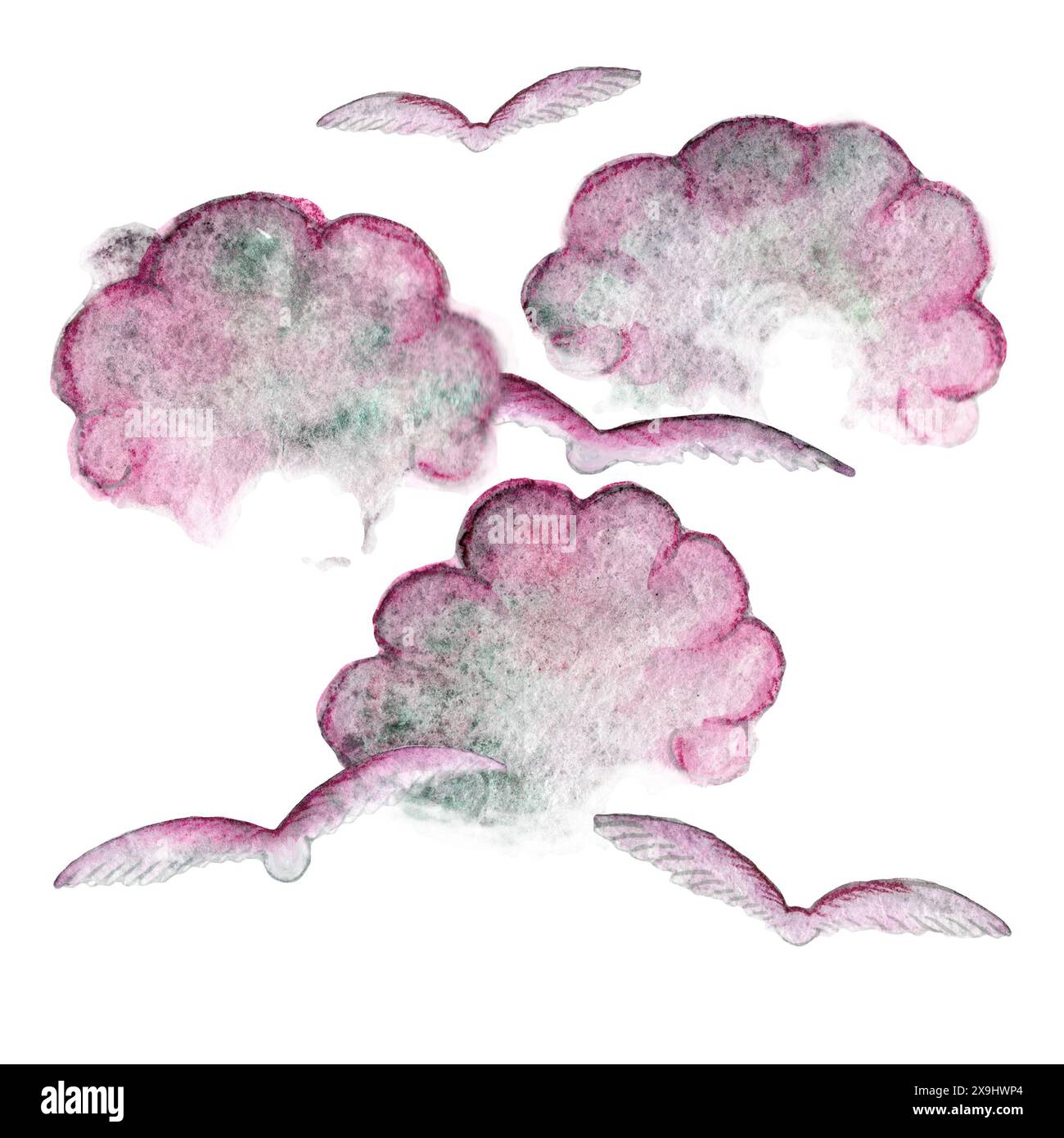 Das Gemälde zeigt rosafarbene Wolken und Vögel, die über den Himmel fliegen, und zeigt Kunstfertigkeit und Kreativität. Schlüsselwörter sind Aqua, Electric Blue, Muster und mehr Stockfoto