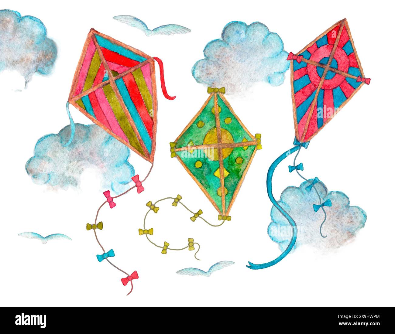 Ein wunderschönes Kunstwerk mit drei dreieckigen Drachen, die hoch über dem Himmel schweben, mit leuchtenden Farben und Mustern, die Kreativität und Symmetrie symbolisieren Stockfoto