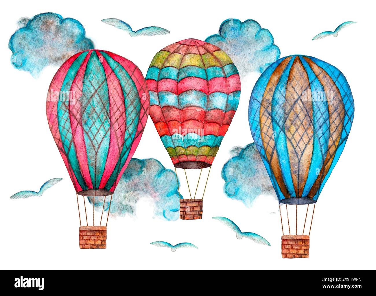 Drei Heißluftballons gleiten friedlich durch den Himmel, umgeben von flauschigen Wolken und Vögeln Stockfoto