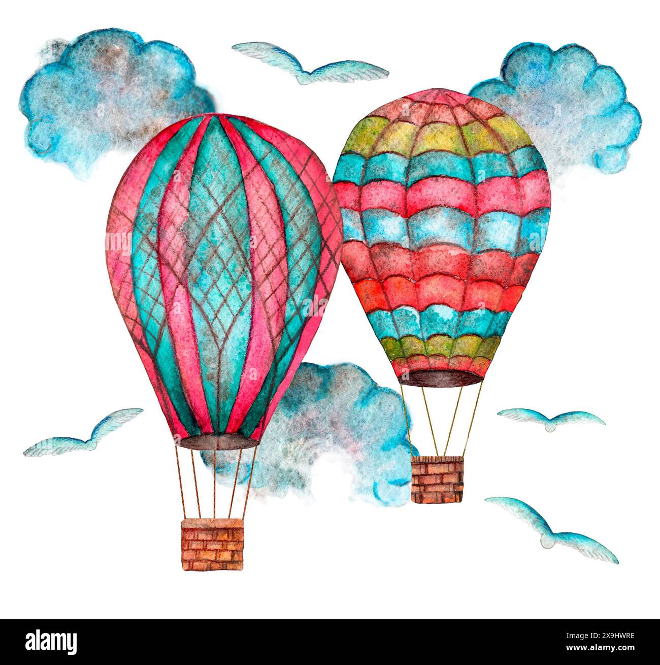 Zwei Heißluftballons gleiten friedlich durch den Himmel, umgeben von flauschigen Wolken und Vögeln Stockfoto