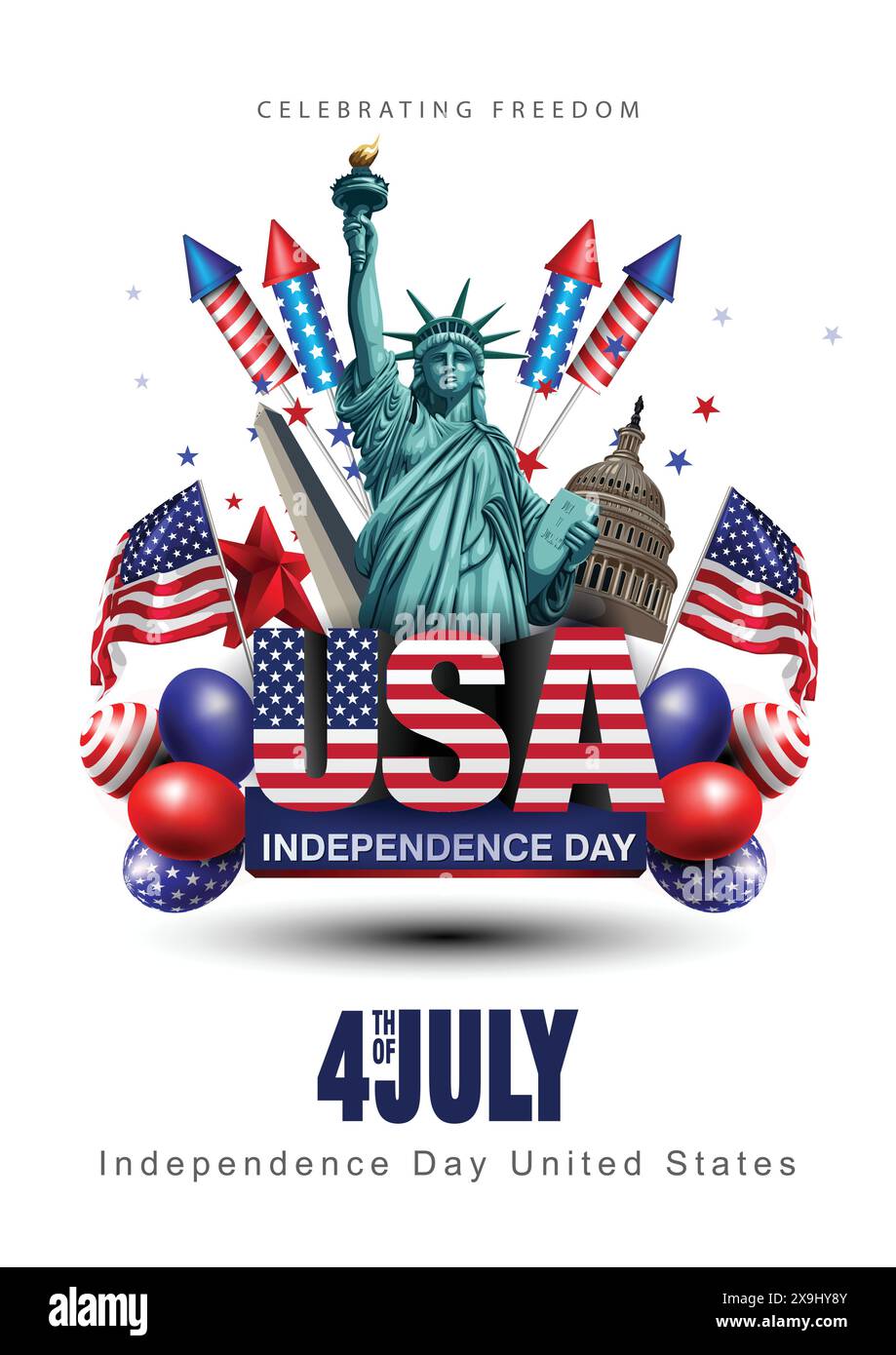 Amerikanische Nationalflagge mit Freiheitsstatue für den 4. Juli, Feier zum Happy Independence Day blauer Hintergrund. Abstraktes Vektor-Illustrationsdesign Stock Vektor