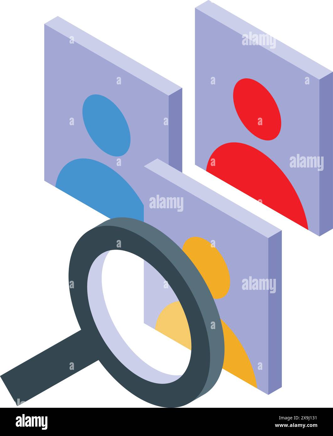 Isometrische 3D-Darstellung von Benutzerprofilen und Lupe zur Darstellung der Zuschaueranalyse Stock Vektor