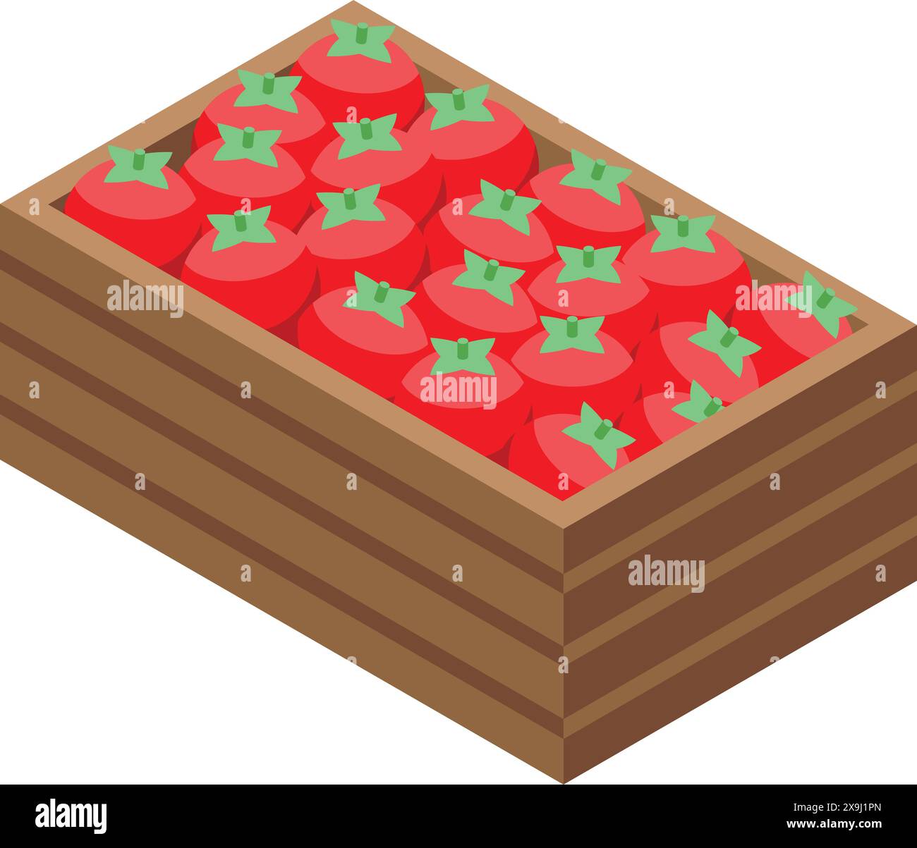 3D isometrische Darstellung einer Holzkiste, die mit Reifen, roten Tomaten überflutet ist Stock Vektor