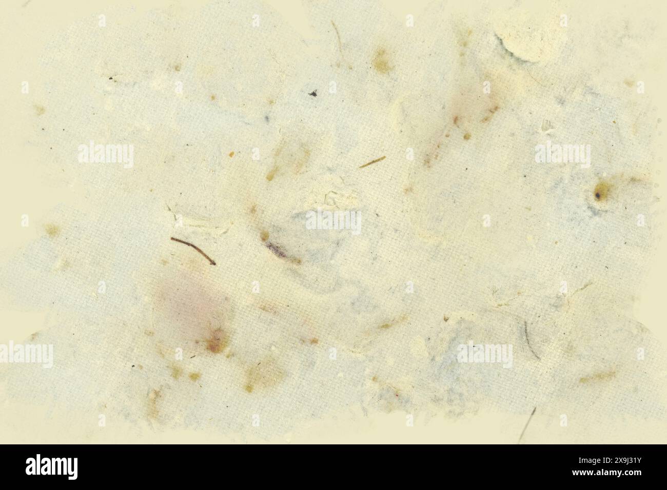Handgefertigter gelber Papierhintergrund. Es sind Pflanzenstücke im Papier. Stockfoto