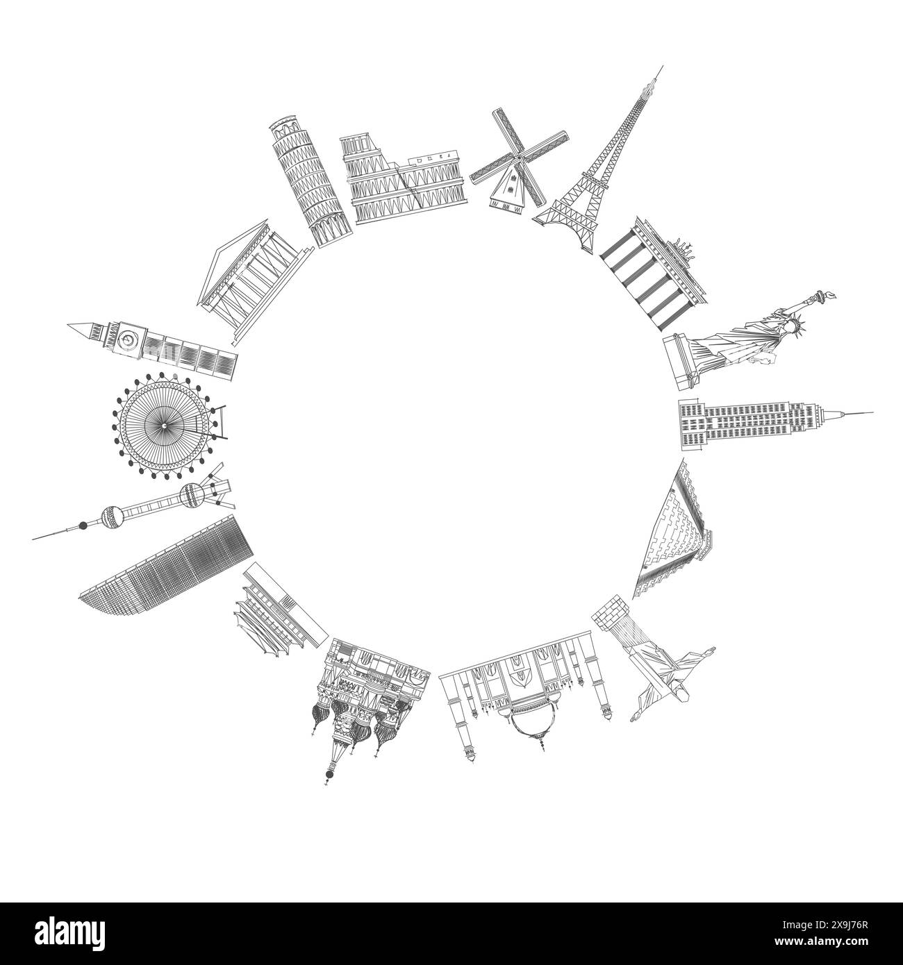 Lineare Skizzen berühmter Wahrzeichen der Welt, die in einem Kreis gezeichnet und auf weißem Hintergrund isoliert sind Stockfoto