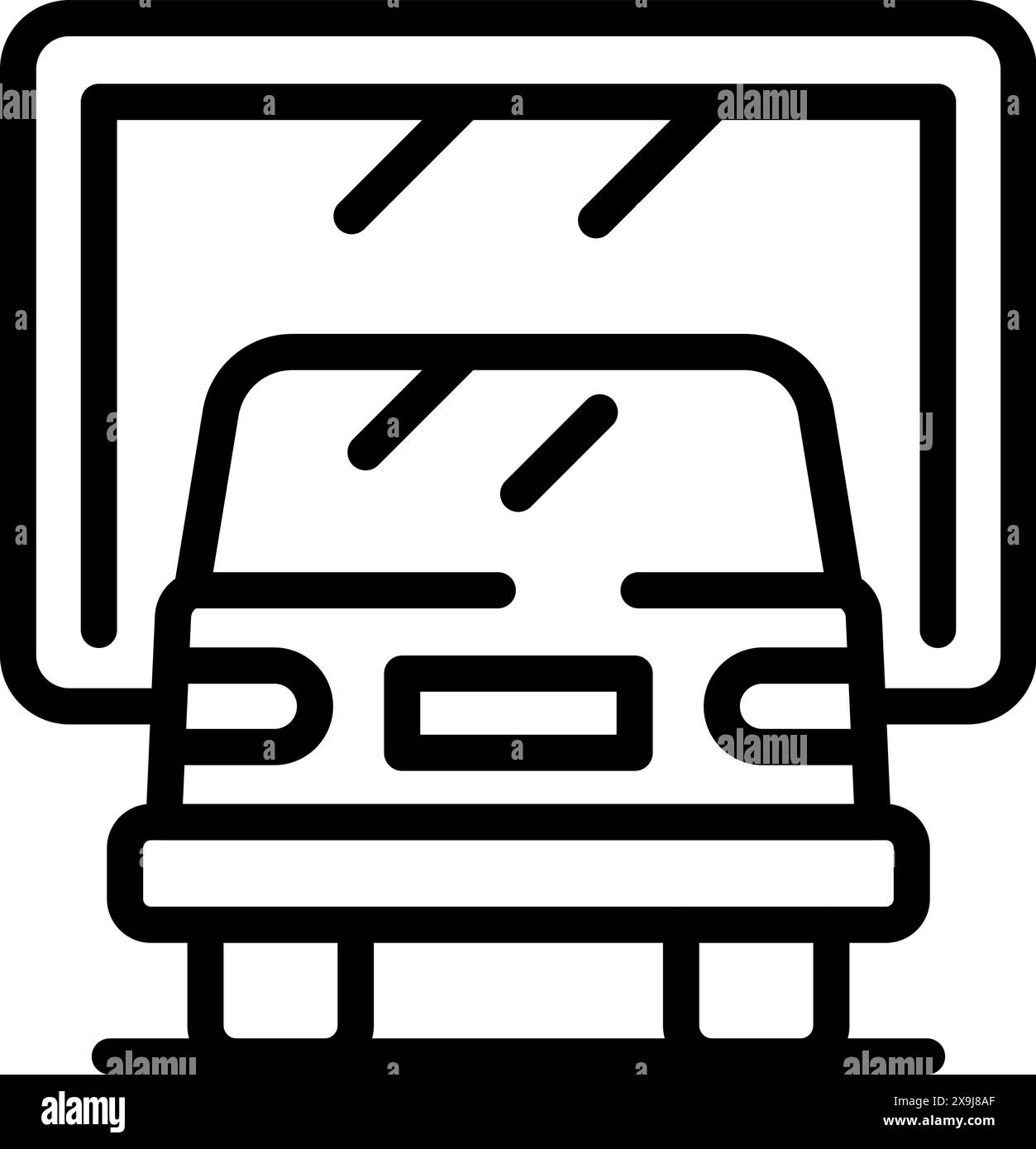 Strichgrafik-Symbol für die Windschutzscheibe eines Autos mit Regen, das das Fahren bei schlechtem Wetter darstellt Stock Vektor