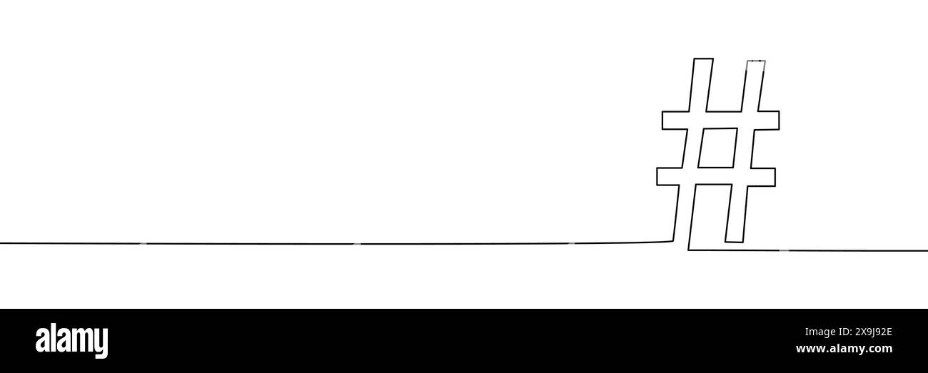 Das Hashtag-Symbol wird in einer durchgehenden Linie gezeichnet. Strichgrafik, Kontur, einzeilige Silhouette. Bearbeitbare Zeile. Stock Vektor