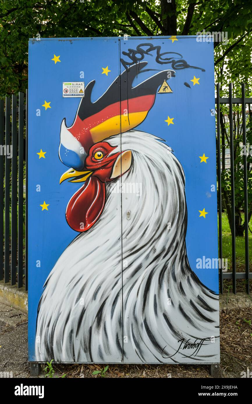 Graffiti, Hahn, Deutsch-Französische Freundschaft, Straßburg, Département Bas-Rhin, Frankreich Stockfoto