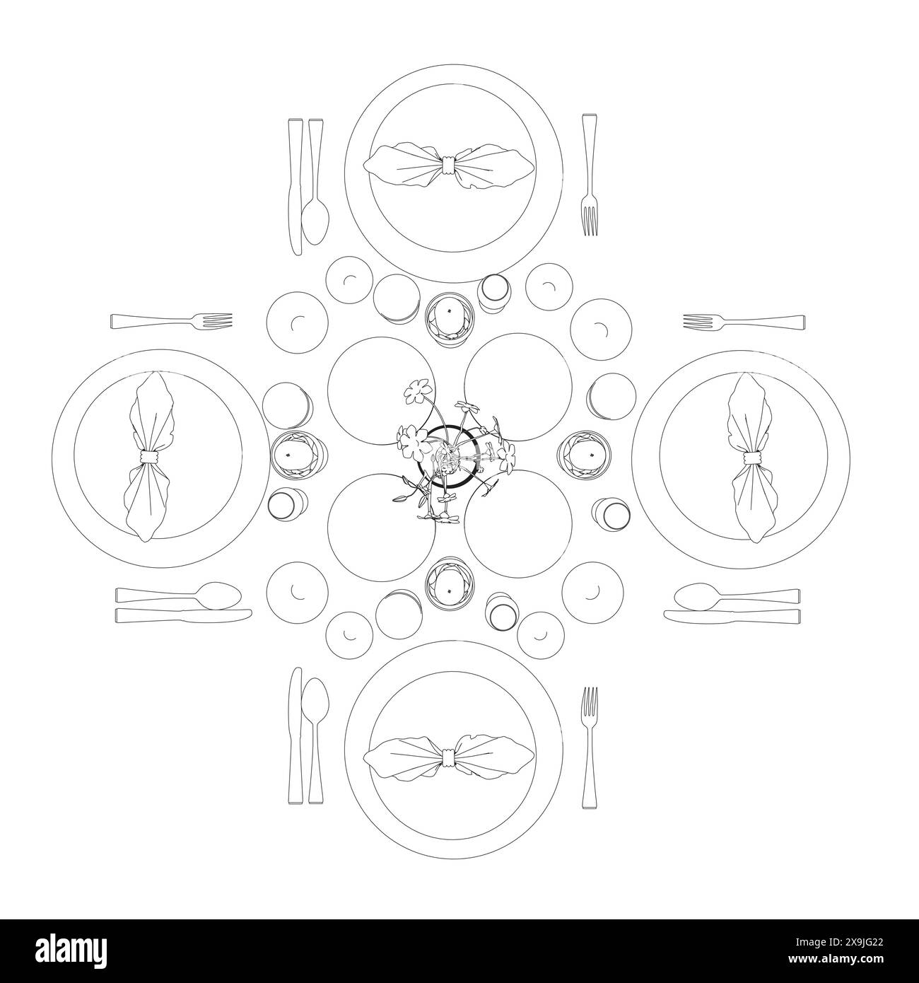 Umriss des Layouts von Küchengeräten auf einem Tisch in einem Restaurant aus schwarzen Linien isoliert auf weißem Hintergrund. Blick von oben. Vier Plätze Stock Vektor