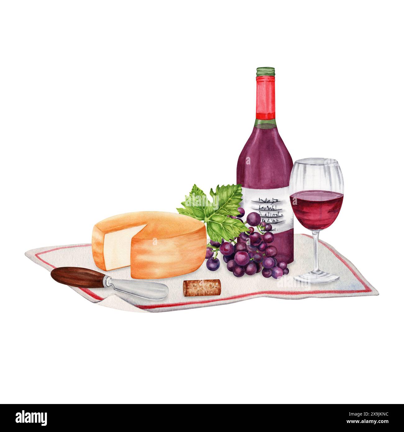 Rotwein und Trauben mit Käse auf einer Tischdecke. Picknickkomposition mit Weinflasche, Glas und Kork. Handgezeichnete Aquarellillustration isoliert Stockfoto