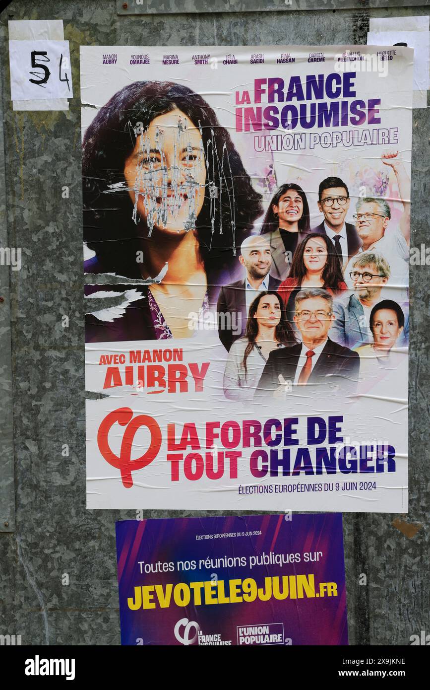 Frankreich, Nouvelle Aquitaine. Juni 2024. Aufstellung von Wahlplakaten in Frankreich für die Europawahlen am 9. Juni 2024. Wahlplakate zur Wahl französischer Abgeordneter für das Europäische Parlament. "La France insoumise", die Kraft, alles zu verändern. Nouvelle Aquitaine, Frankreich, Europa. Foto: Hugo Martin/Alamy Live News. Stockfoto