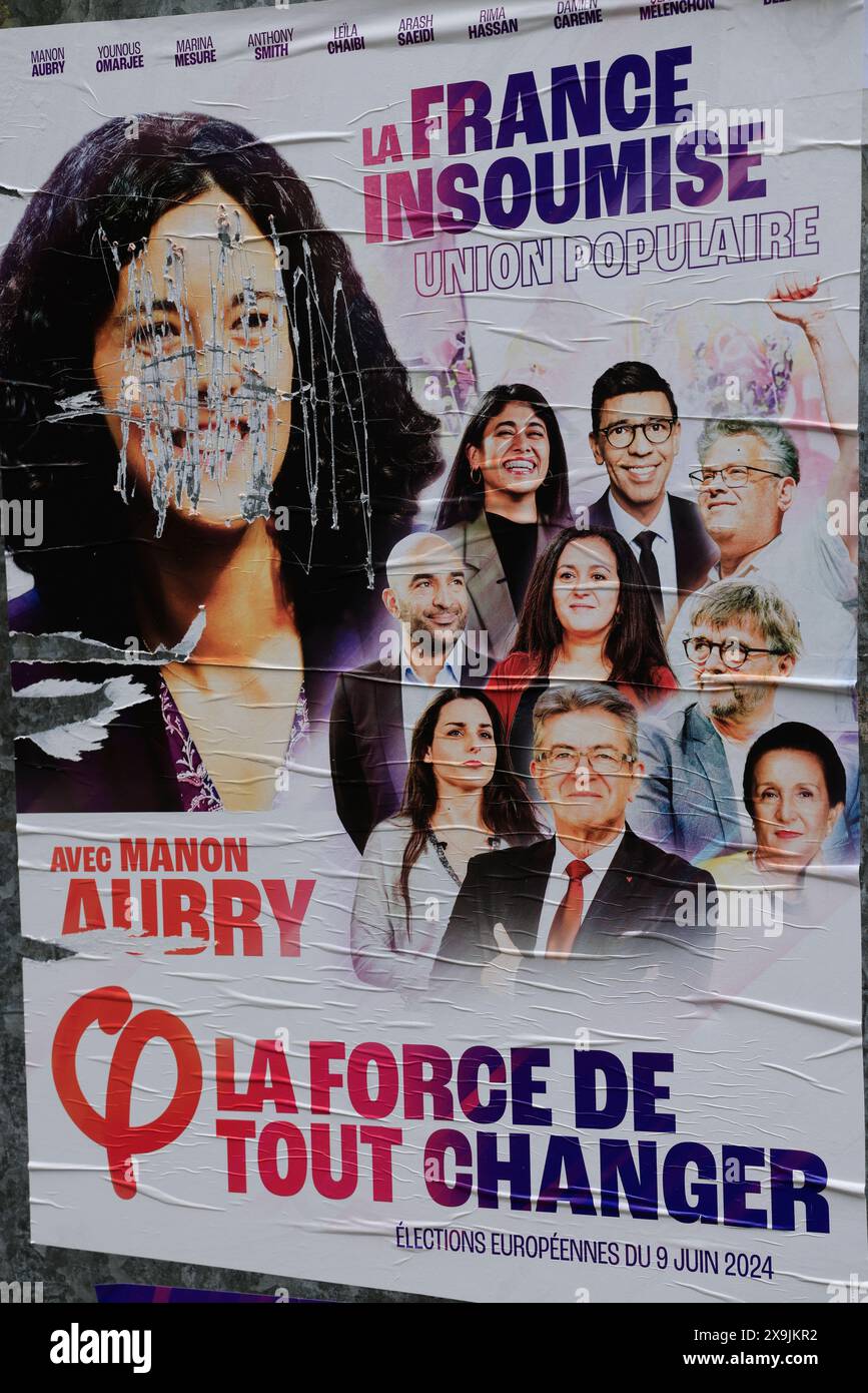 Frankreich, Nouvelle Aquitaine. Juni 2024. Aufstellung von Wahlplakaten in Frankreich für die Europawahlen am 9. Juni 2024. Wahlplakate zur Wahl französischer Abgeordneter für das Europäische Parlament. "La France insoumise", die Kraft, alles zu verändern. Nouvelle Aquitaine, Frankreich, Europa. Foto: Hugo Martin/Alamy Live News. Stockfoto