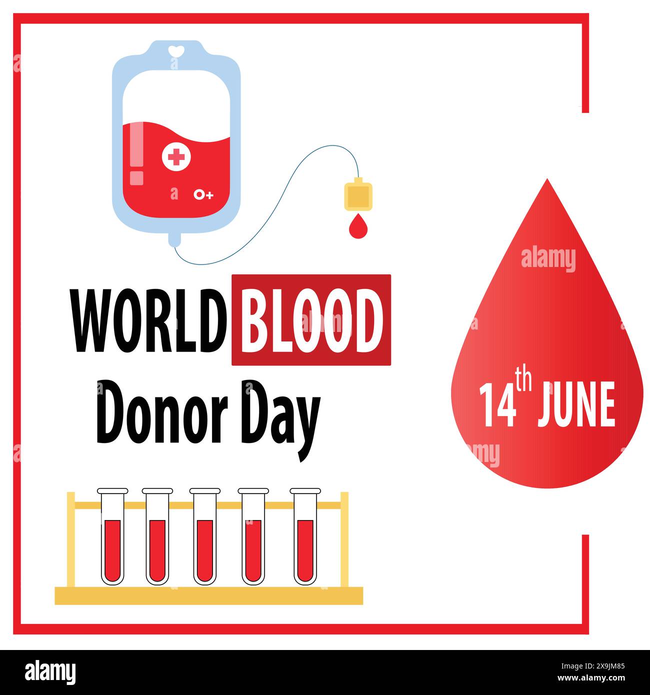 Der Weltblutspendertag wird jedes Jahr von Menschen auf der ganzen Welt am 14. Juni gefeiert. Plakatgestaltung zum internationalen Weltblutspendertag. Stock Vektor