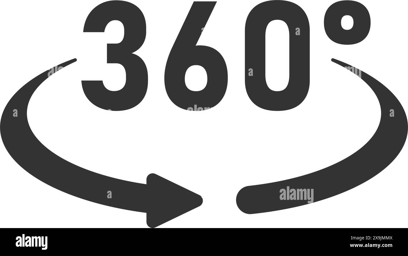 360-Grad-Symbol in flacher Ausführung. Symbolvektorillustration auf isoliertem Hintergrund drehen. Winkelansichtszeichen Geschäftskonzept. Stock Vektor
