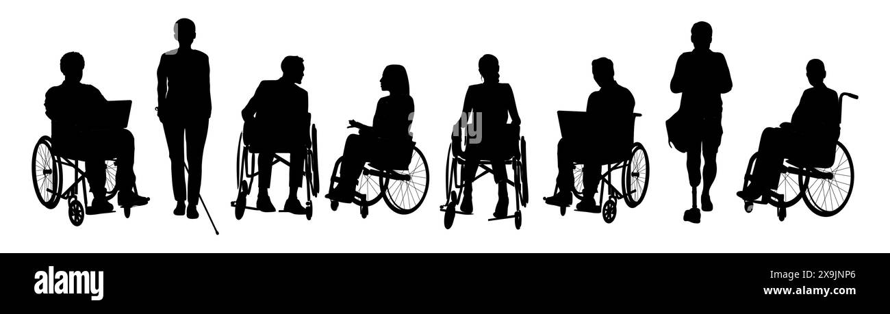 Silhouetten verschiedener behinderter Menschen mit schwarzen Symbolen Stock Vektor