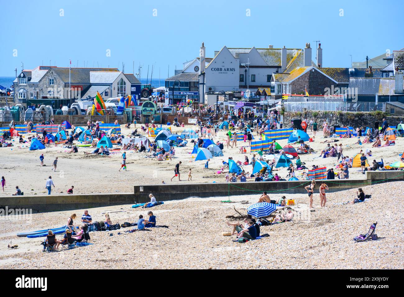 Lyme Regis, Dorset, Großbritannien. Juni 2024. Wetter in Großbritannien: Familien, Urlauber und Sonnenanbeter strömen an den Strand des Badeortes Lyme Regis, um das glühend heiße Wetter am ersten Tag des Sommers zu genießen. Quelle: Celia McMahon/Alamy Live News. Stockfoto