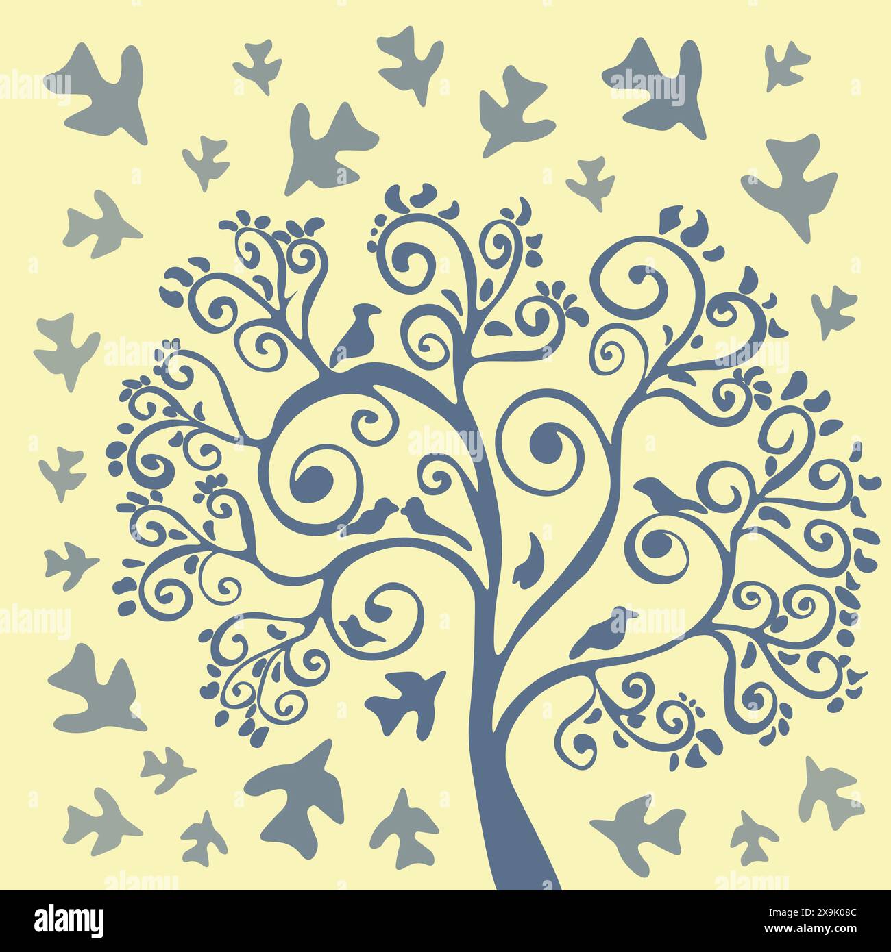 Vektorillustration eines dekorativen Baumes mit Vögeln. Stock Vektor