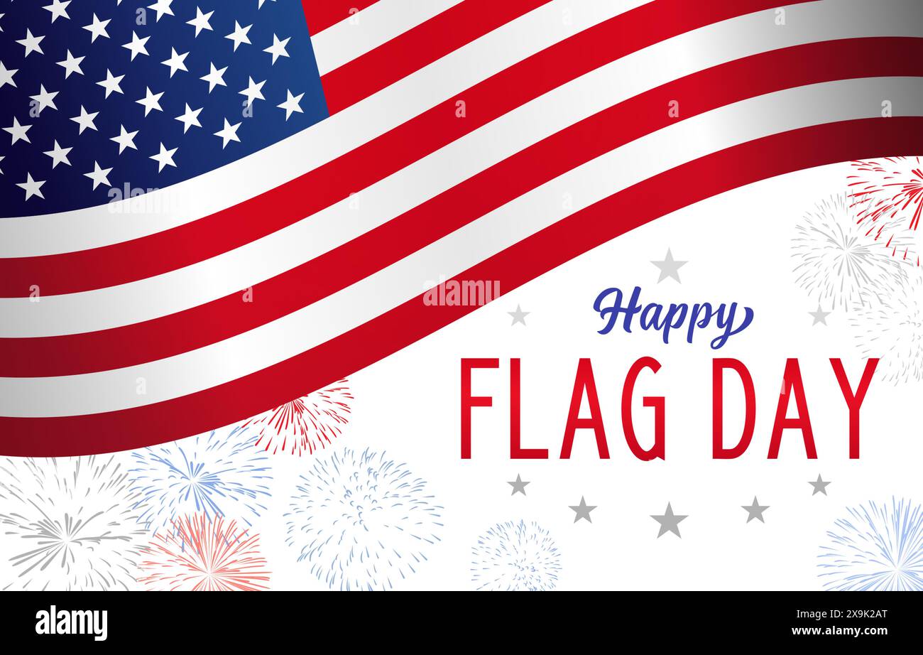 Design der Grußkarte „Happy Flag Day“. Werbebanner für US-Feiertage. Feiert Banner. Festlicher Hintergrund mit Clipping-Maske. 3D-Flagge und farbenfrohes Schild Stock Vektor