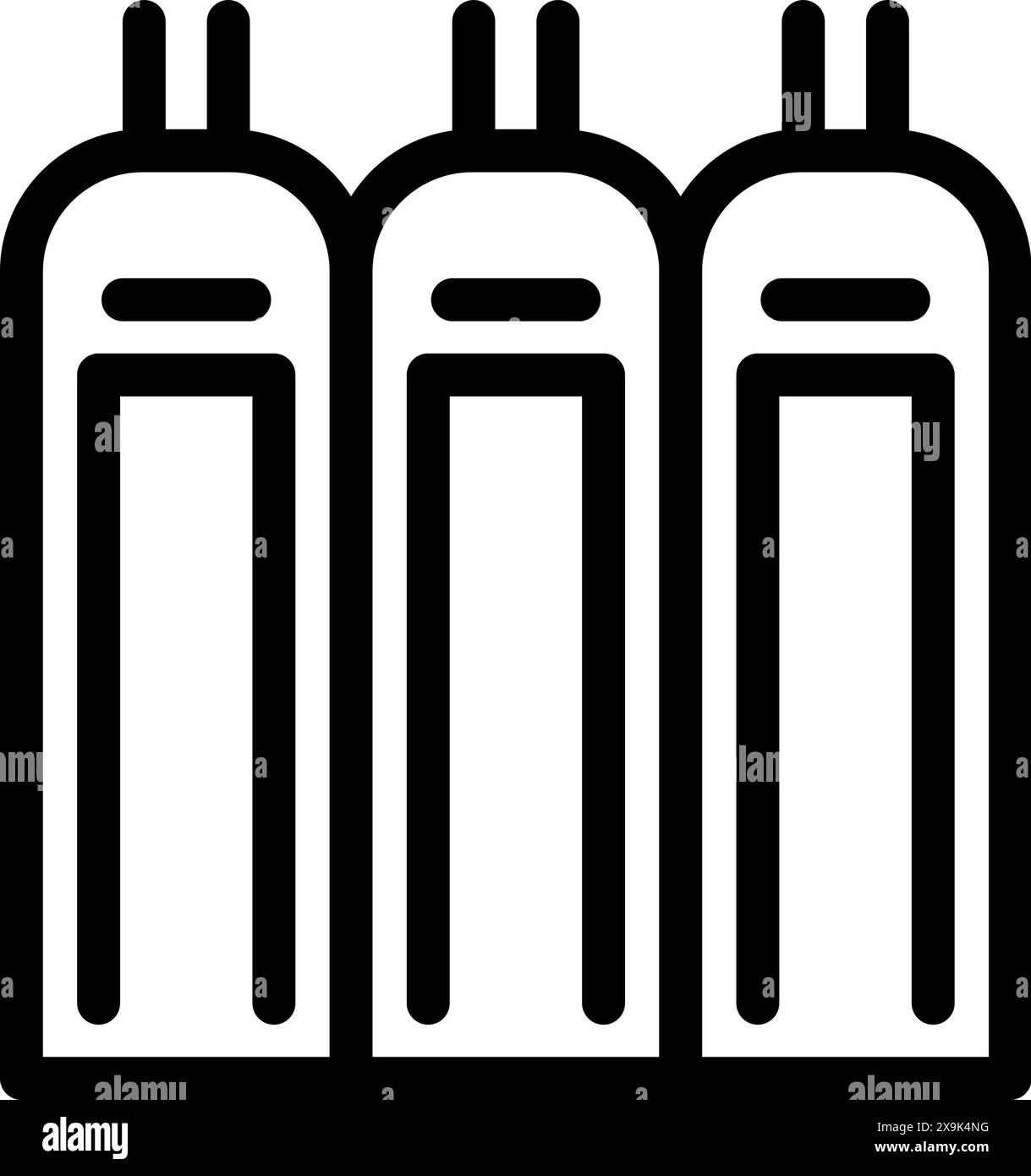 Einfaches schwarz-weißes Symbol mit drei aufrechten Batterien Stock Vektor