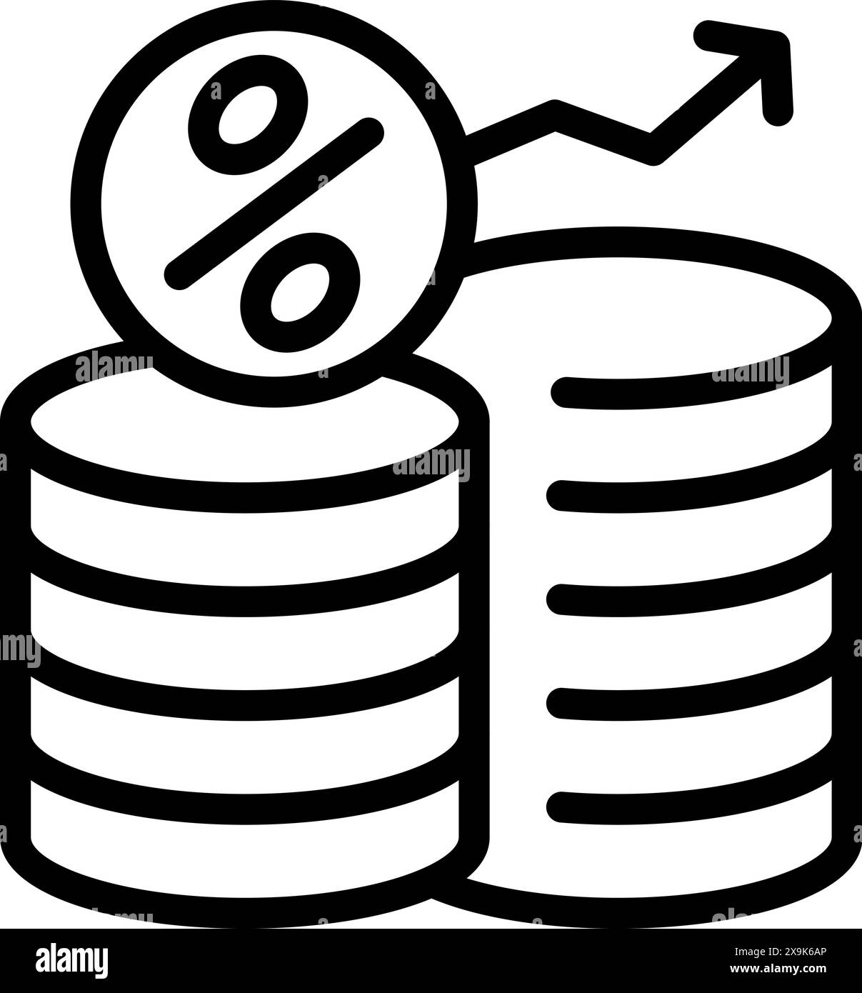 Strichgrafik-Symbol mit gesteigertem Gewinn durch Münzstapel und einem Aufwärtspfeil mit Prozentsatz Stock Vektor