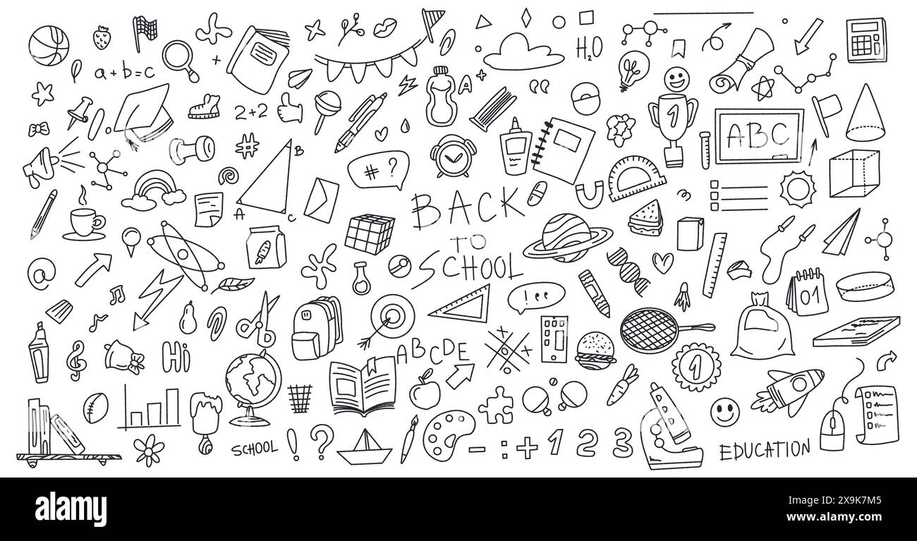 Zurück zur Schule Kritzelei, schwarze Schreibwaren. Zurück zur Schule und Schülerkonzept. Ein großer Satz pädagogischer Grafiken für Kinder und Erwachsene. Stock Vektor