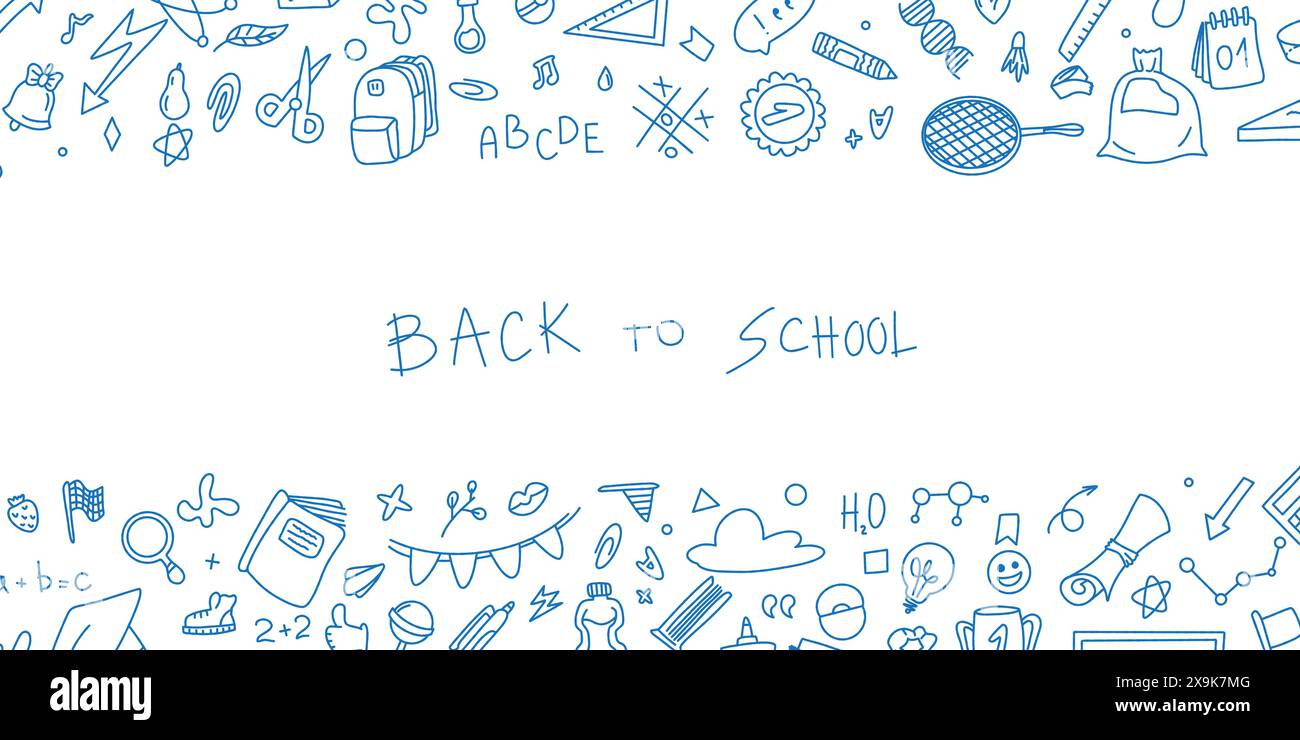 Textrahmen für die Schulzeit im Doodle-Stil. Handgezeichneter Satz von Buchkritzelelementen, Bildungssymbolen. Rahmen für soziale Netzwerke. Einladung zum Treffen Stock Vektor
