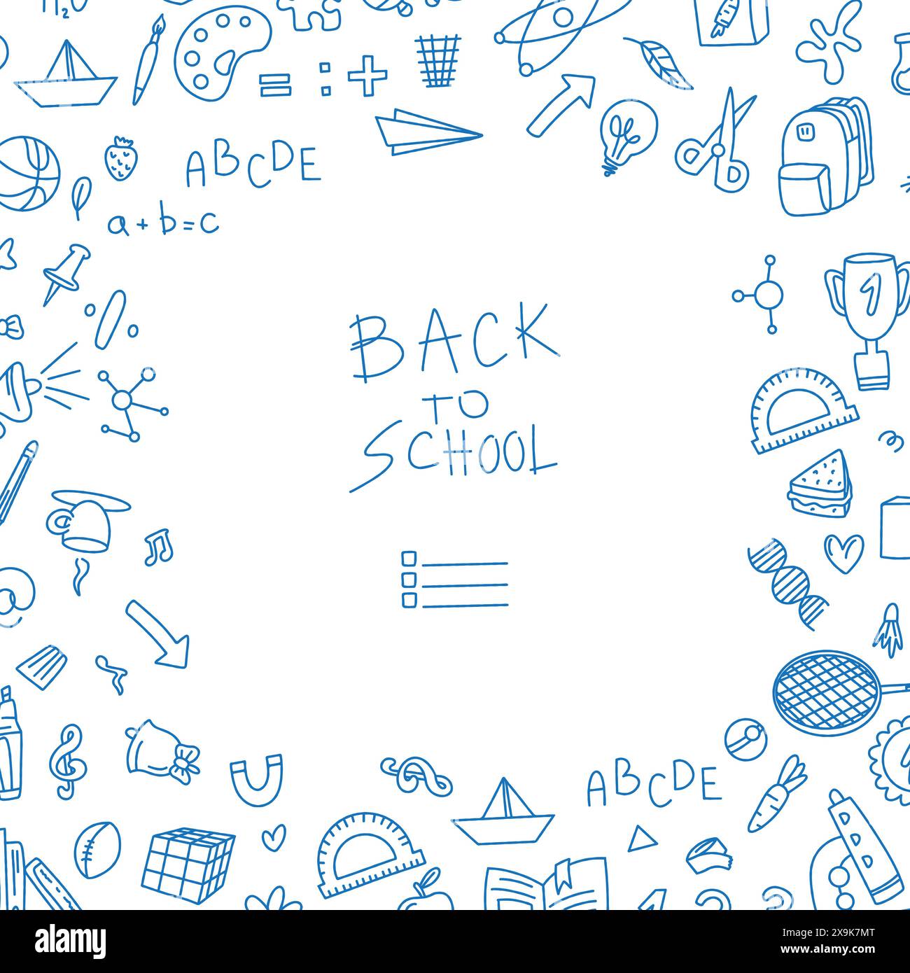 Quadratischer Textrahmen im Doodle-Stil. Handgezeichneter Satz von Kritzelbuchelementen, Bildungssymbolen. Rahmen für soziale Netzwerke. Einladung Stock Vektor