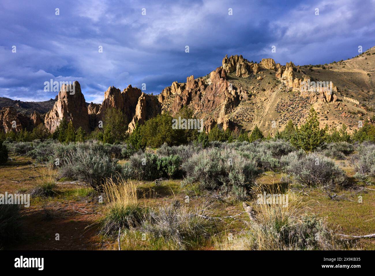 Die felsige Landschaft im Smith Rock State Park leuchtet unter dem stimmungsvollen Himmel in Oregon Stockfoto