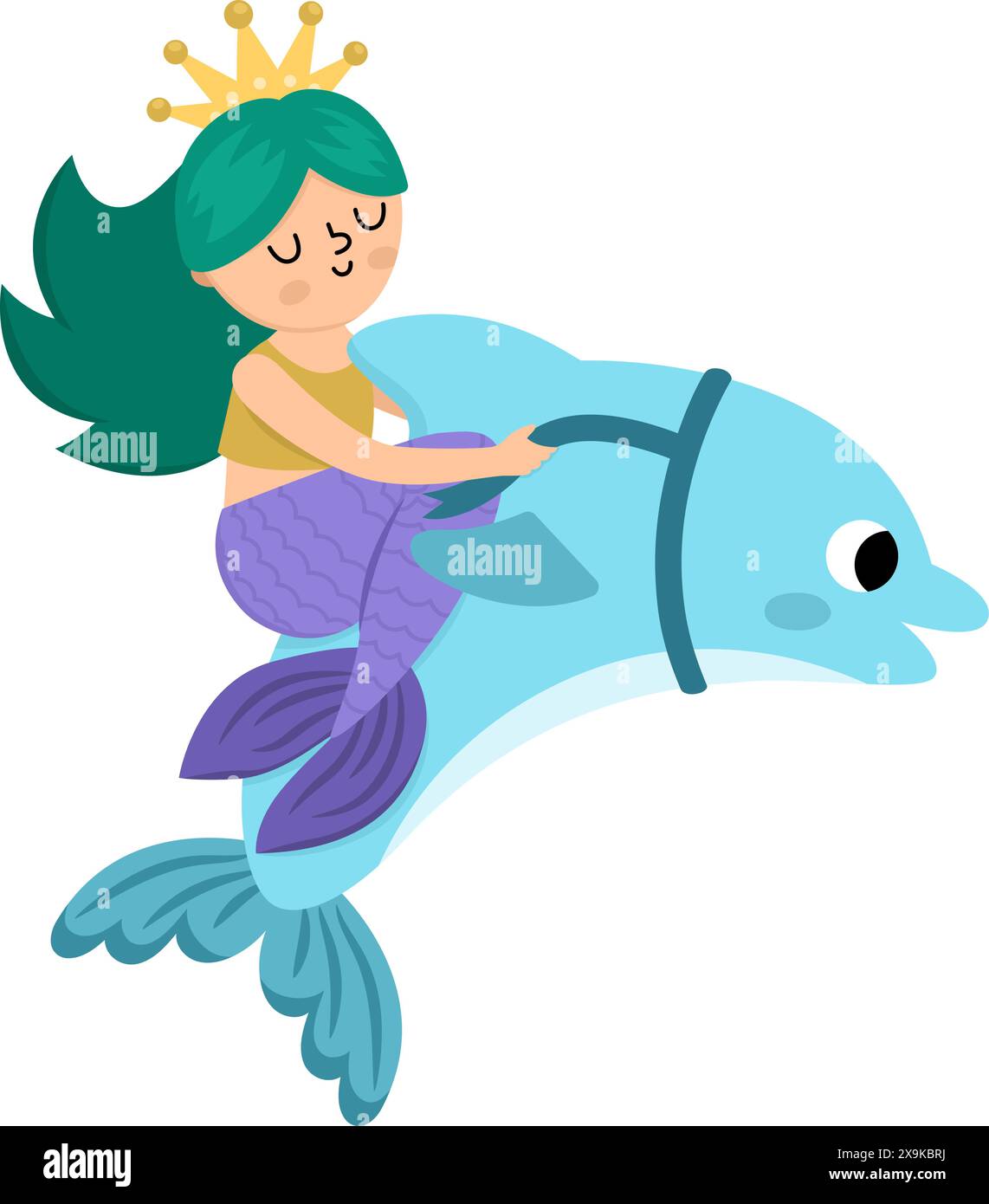 Märchenvektor grünhaarige Meerjungfrau reitet Delfin. Fantasy-Mädchen isoliert auf weißem Hintergrund. Märchenhafte Meeresprinzessin. Niedlicher Sirenencharakter. Unterholz Stock Vektor