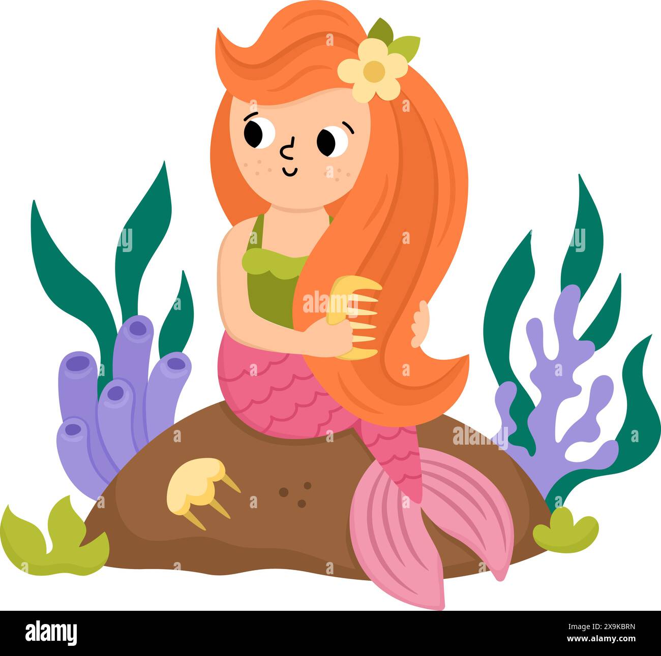 Märchenvektor-Meerjungfrau sitzt auf einem Felsen und kämmt ihr Haar. Fantasy-Fischmädchen isoliert auf weißem Hintergrund. Märchenhafte Meeresprinzessin. Niedliche Sirene Saibling Stock Vektor
