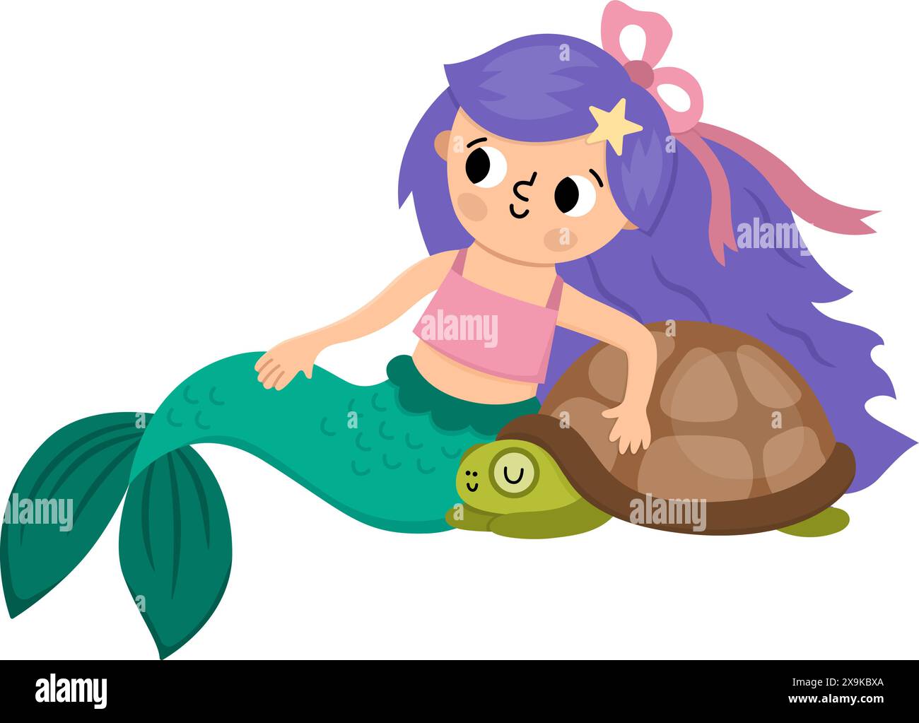 Märchenhafte Vektor-Meerjungfrau mit lila Haaren sitzend mit Schildkröte. Fantasy-Fischmädchen isoliert auf weißem Hintergrund. Märchenhafte Meeresprinzessin. Niedliche Sirene c Stock Vektor